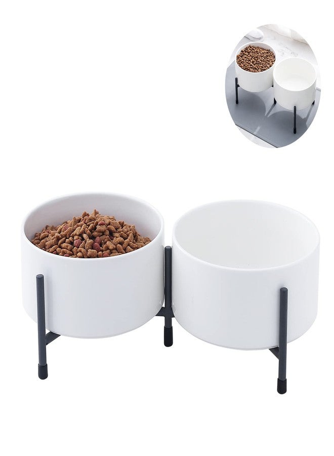 OMAYKEY 32 oz Ceramic Dog Cat Bowl Set of 2 with Elevated Metal Stand - 6 Inch Ceramic Round Pet Food and Water Feeder Bowl Dish for Cats & Dogs - White - Image 1